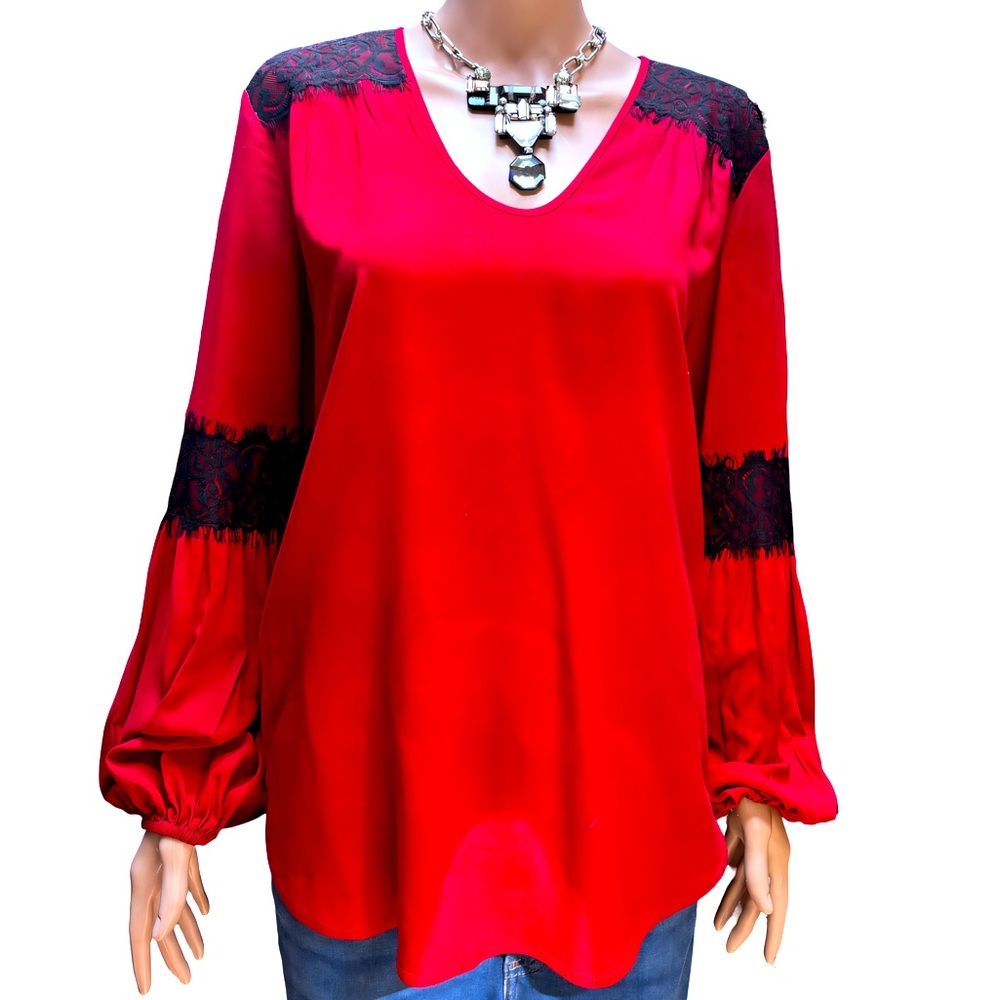 Karen Kane Chic Red V-Neck Long Sleeve Blouse with Lace Details Large